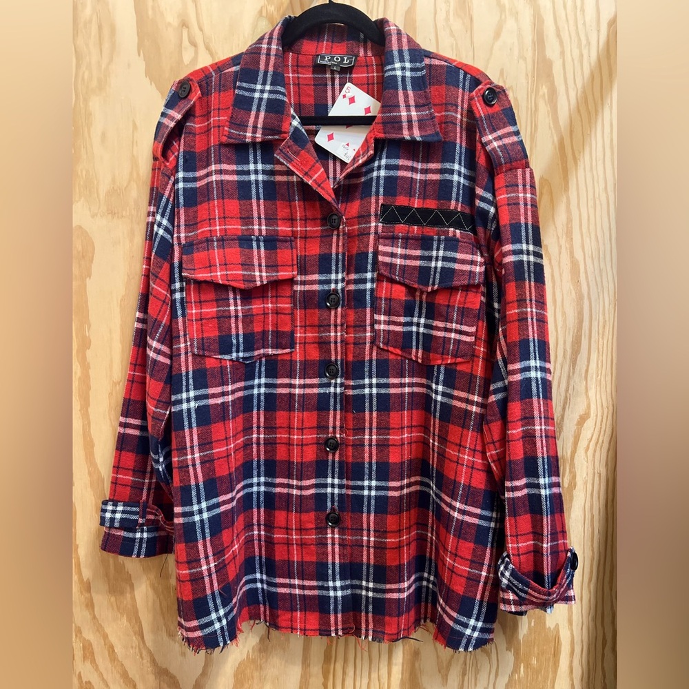 POL  Plaid long sleeve red plaid flannel oversize shirt Sz Large